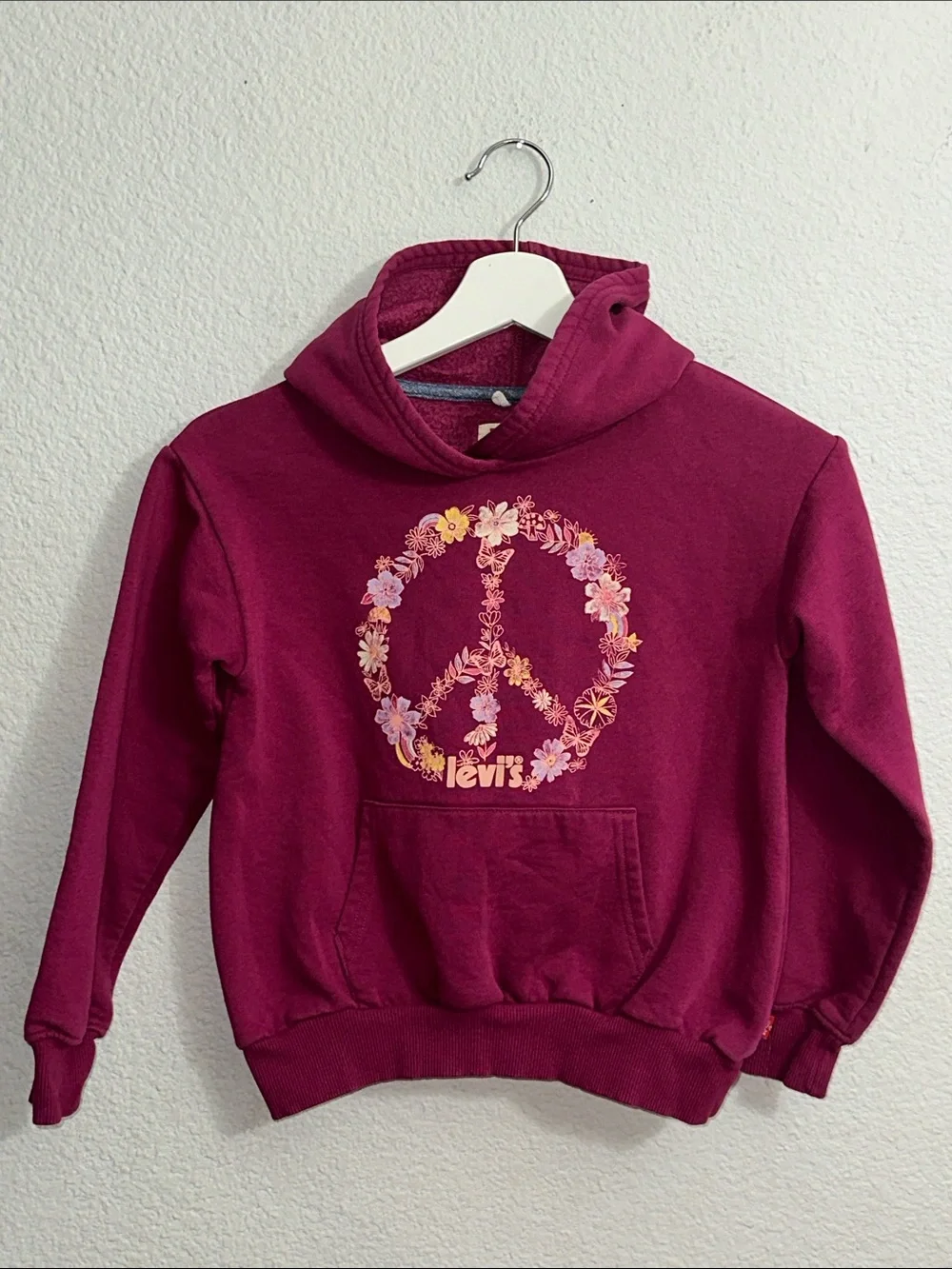 Levi’s Youth Girls Fleece Hoodie Sweater Pullover Bugundy Floral Medium 7/8
